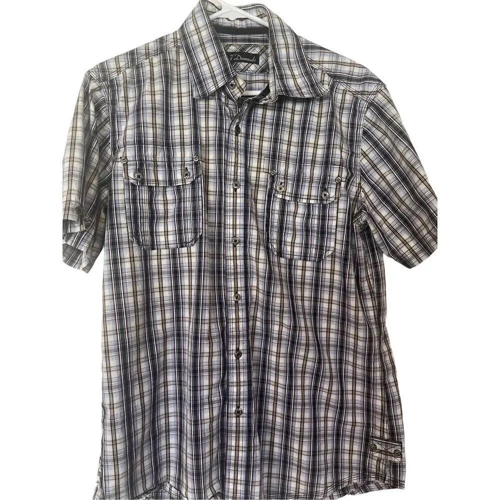 7 Diamonds Men's Plaid Collared Short Sleeves Button-Up Shirt Size L